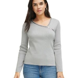 NWT Calvin Klein Woman’s Medium asymmetrical Neckline With Sequins Grey Sweater